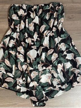NWT Express Floral Strapless Black Romper with Green & White Botanical Print